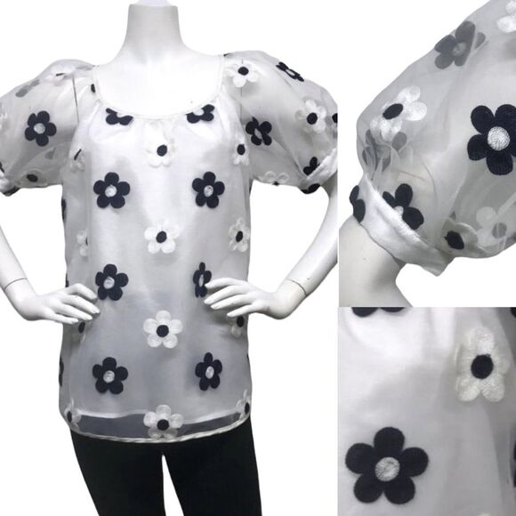 VOOM JOY HAN Embroidered DAISY PUFF Sleeve Top M - Picture 1 of 15